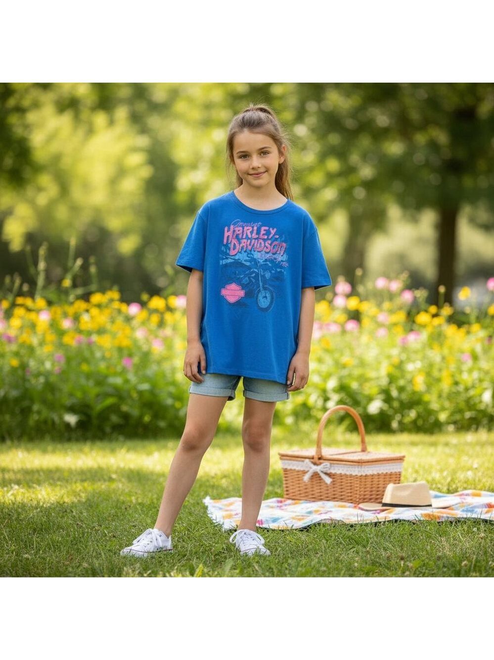 Girls Harley-Davidson Blue Pink Short Sleeve Tee L